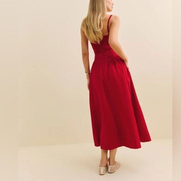 NEW Reformation Katarin Linen Midi Dress Lipstick Red Lace Detail | size 4 - Picture 3 of 12